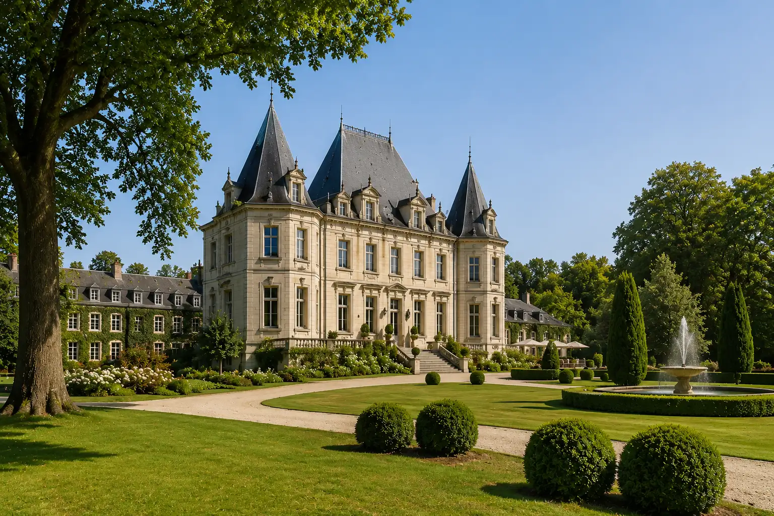 Prestigious château with grounds and fountain for offsite seminars