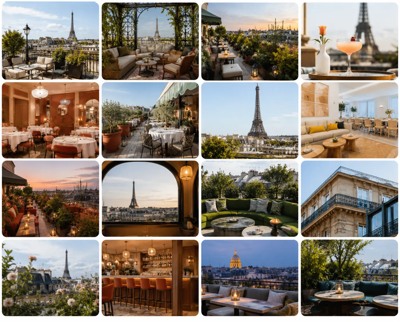 Rooftop in Paris, Eiffel Tower view, chic and intimate vibe