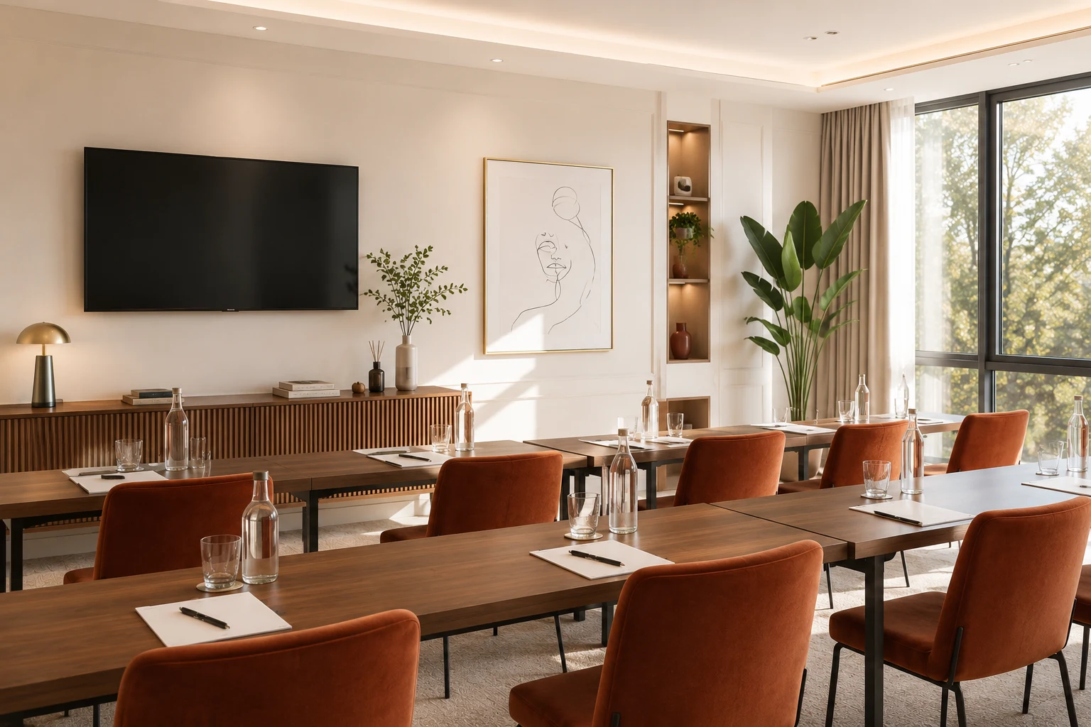 Premium meeting room with terracotta armchairs, wooden furniture and natural light